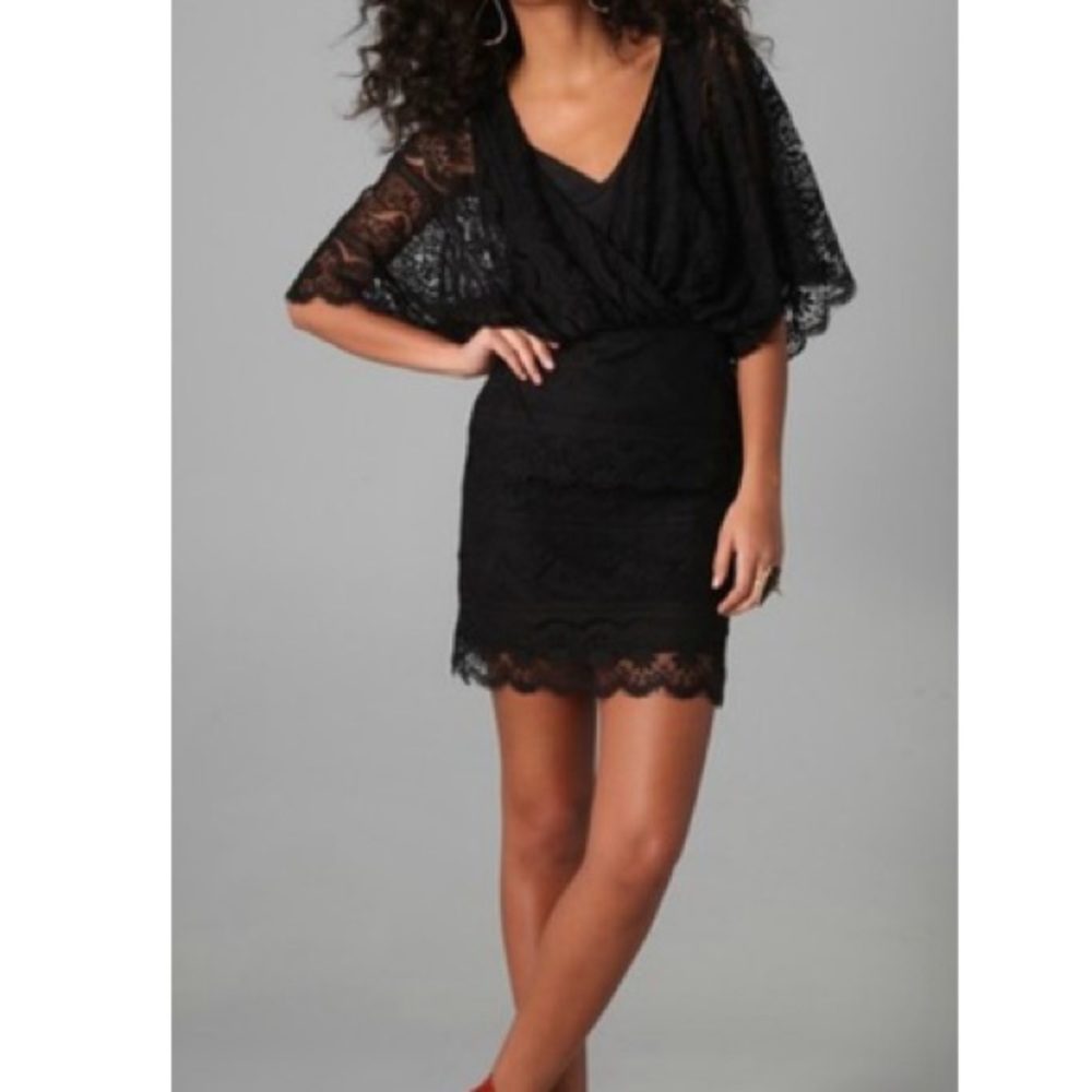 Beyond Vintage Black V Neck Lace Batwing Dress